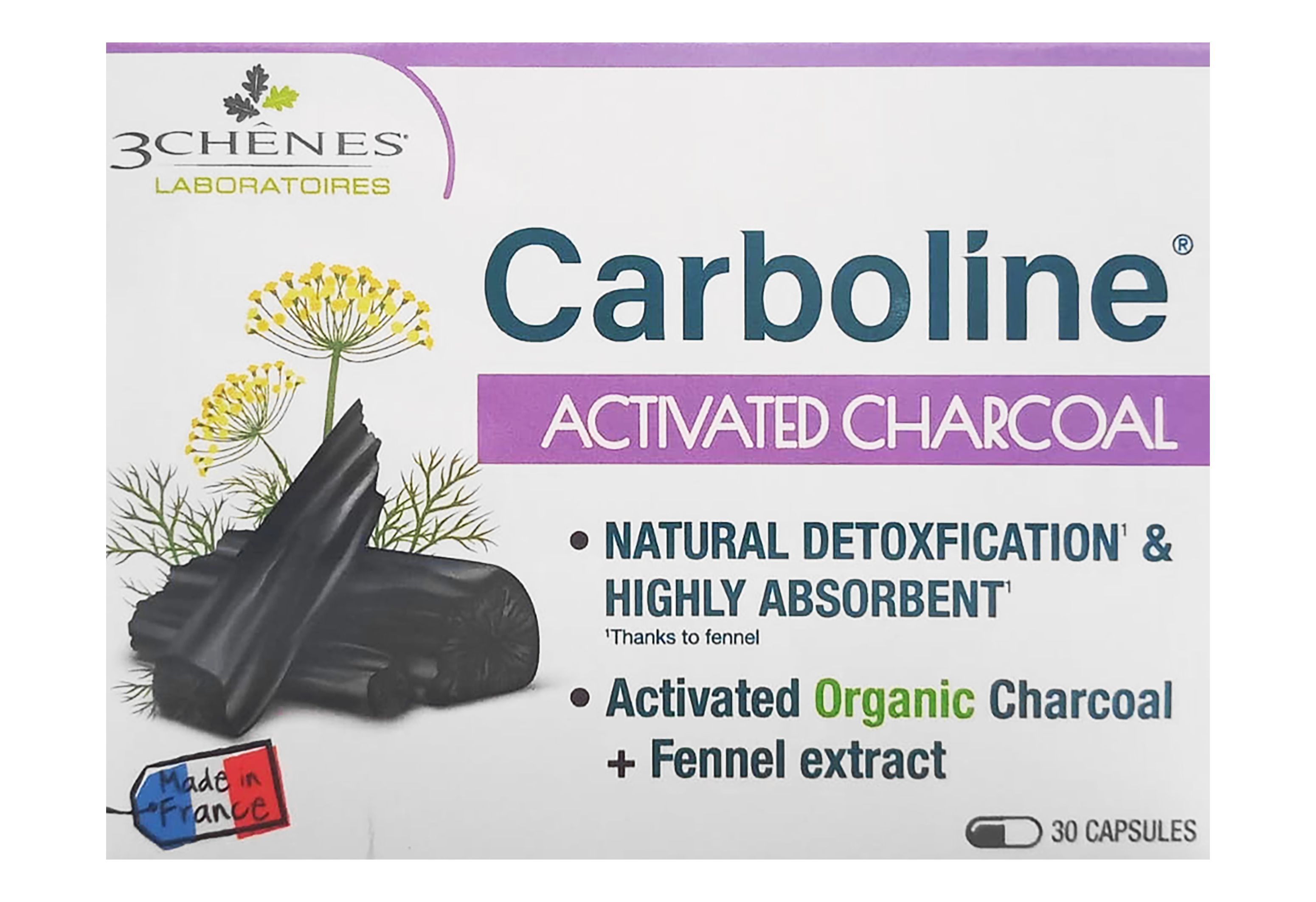 3 Chenes Carboline Organic Activated Charcoal Detoxification Support Supplement with Fennel Extract, 30 Capsules