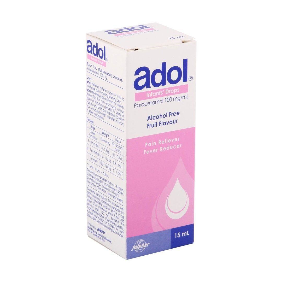 Adol 100mg/ml Paracetamol Pain & Fever Relief Drops Fruit Flavor for Infants, 15ml