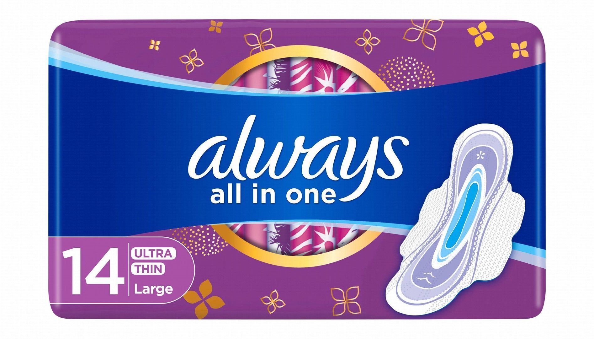 Always All in One Large Ultra Thin Pads with Wings, 14 Pieces