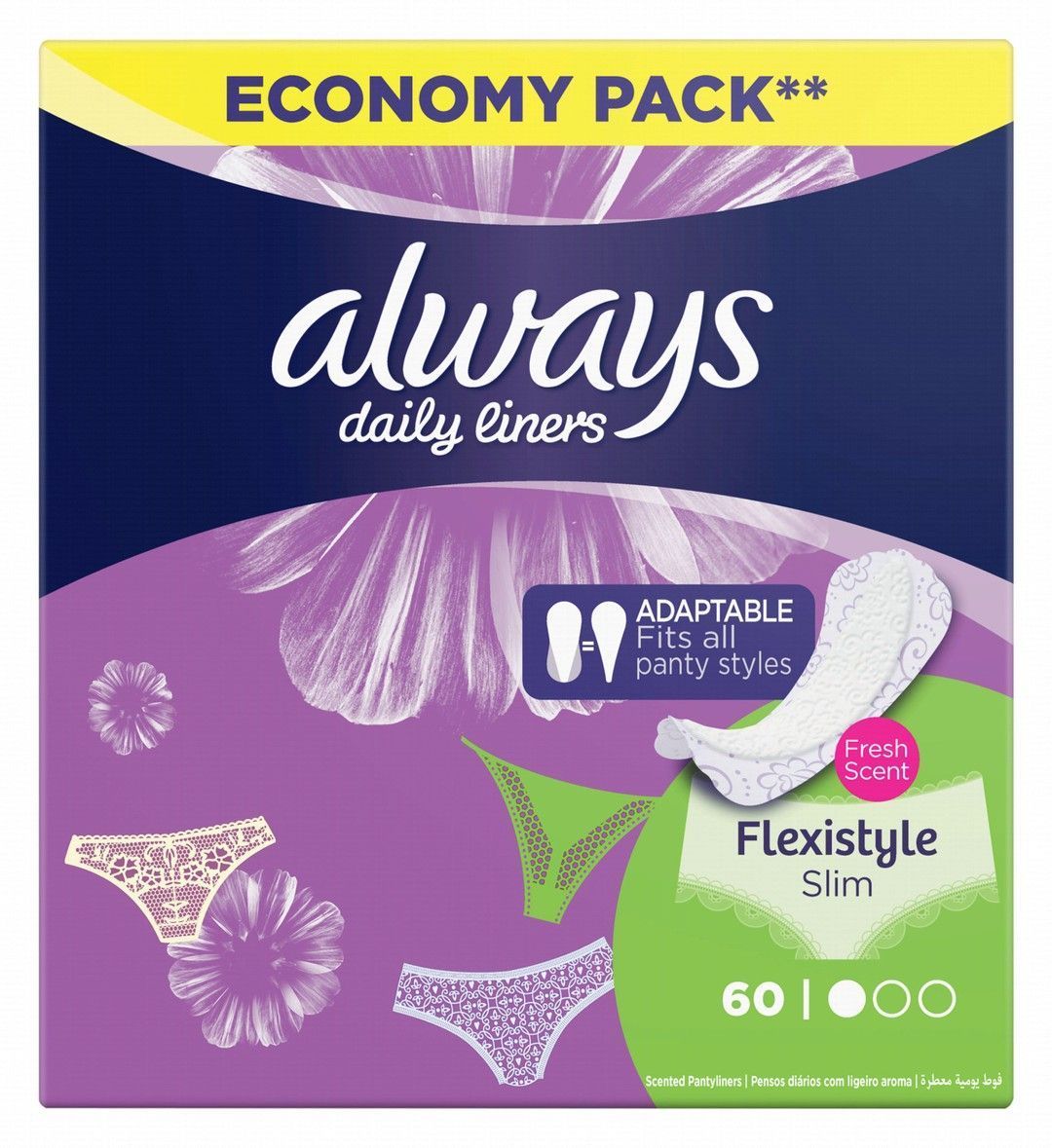 Always Multiform Protect Daily Normal Pantyliners Fresh Scent, 60 Pieces