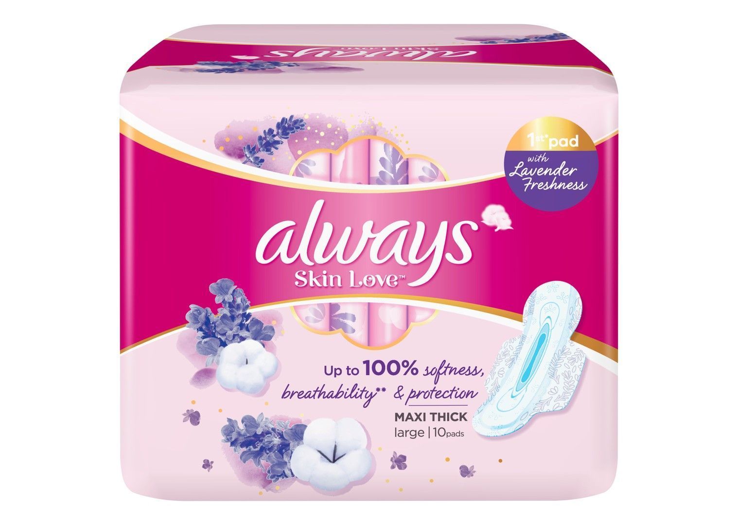 Always Skin Love Large Maxi Thick Pads with Wings Lavender Scent, 10 Pieces