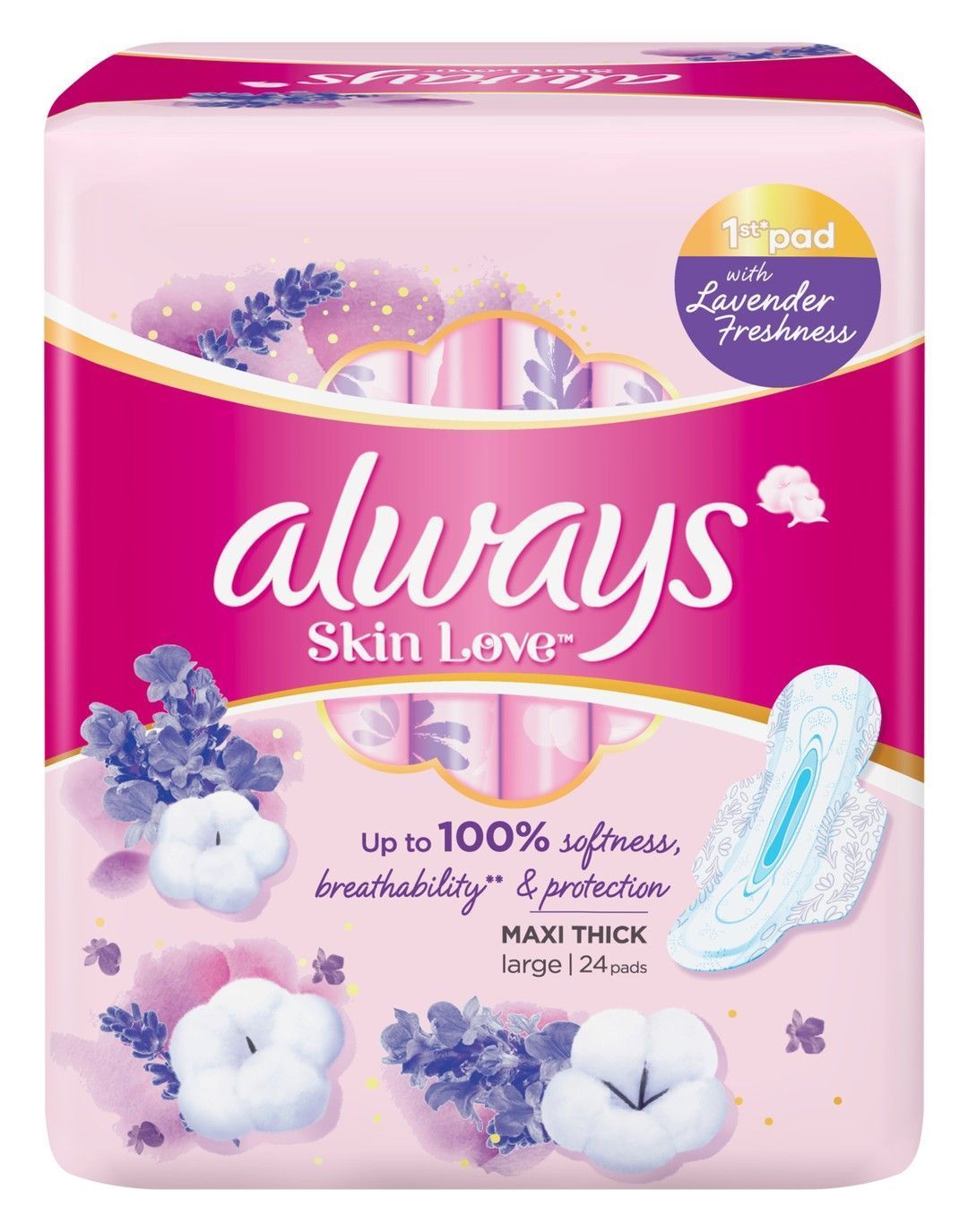 Always Skin Love Large Maxi Thick Pads with Wings Lavender Scent, 24 Pieces