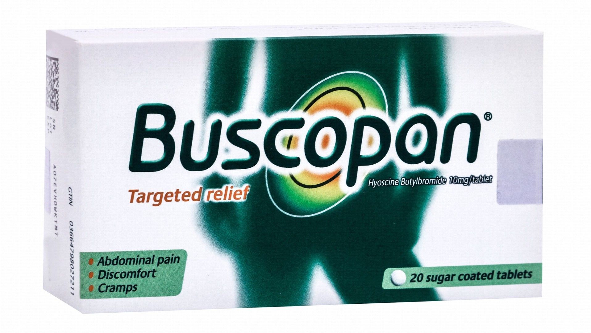 Buscopan 10mg Hyoscine Butylbromide for Abdominal Pain, Discomfort & Cramps Relief, 20 Tablets