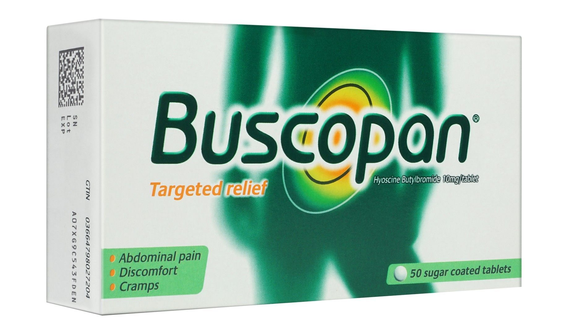Buscopan 10mg Hyoscine Butylbromide for Abdominal Pain, Discomfort & Cramps Relief, 50 Tablets